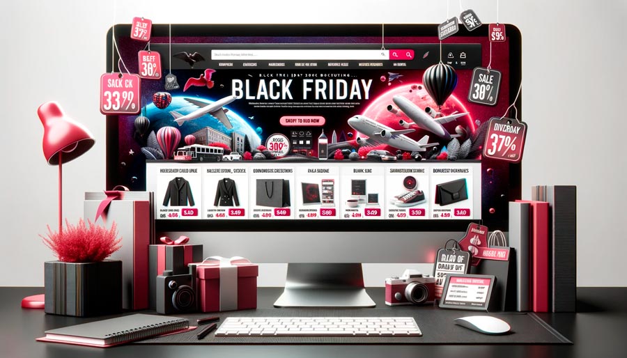 Black Friday sale concept with computer display showcasing discounts and promotions on electronic products and accessories.