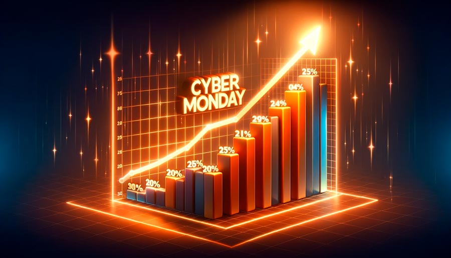 Cyber Monday sales growth visualization with glowing bar chart and rising percentage values on a digital grid background.