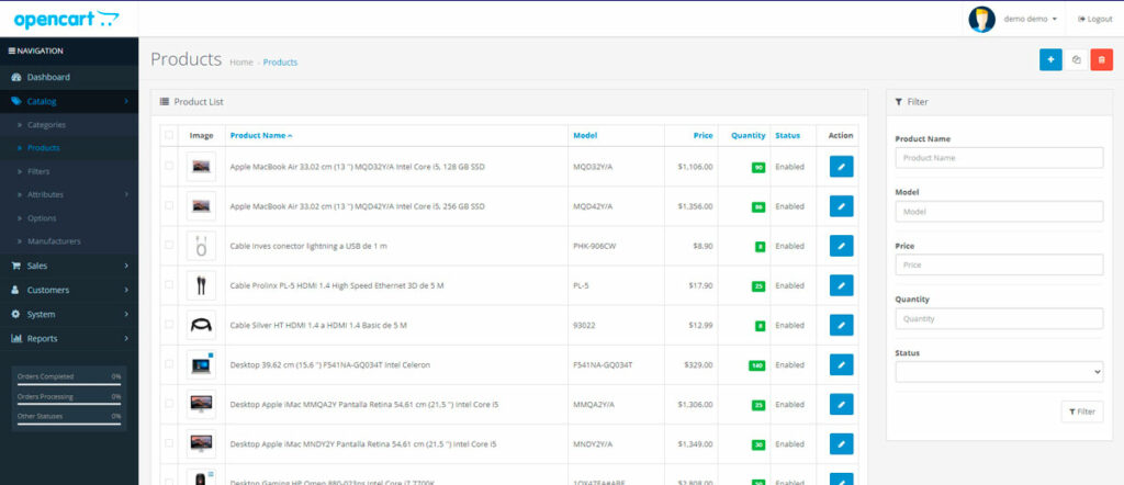 opencart control panel