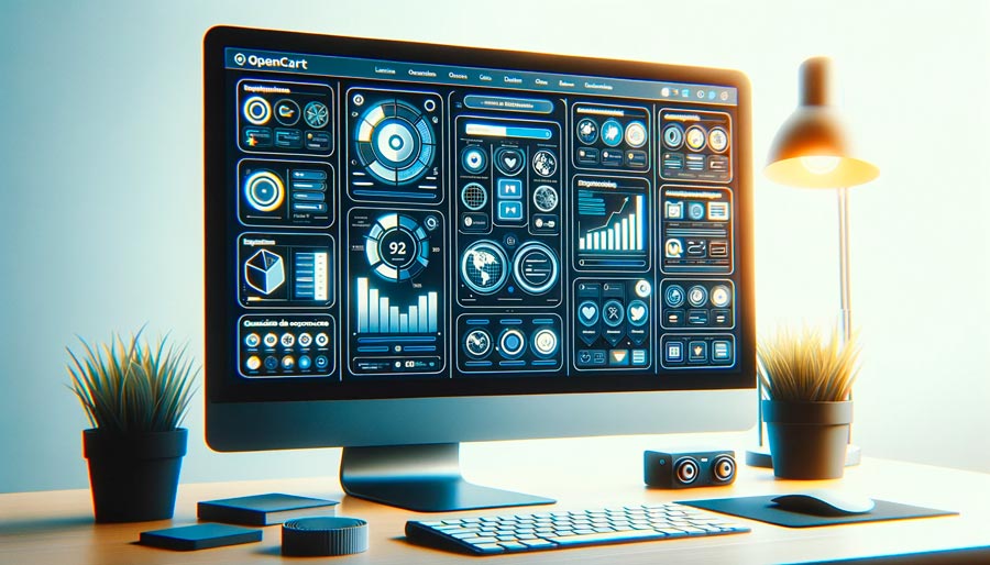 Photograph of a computer screen displaying the Opencart user interface, with highlighted sections and optimization tools.
