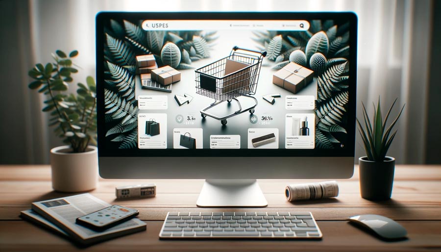 Photograph of a computer screen on an e-commerce page, showing a product in the shopping cart and estrategies to upsell and downsell