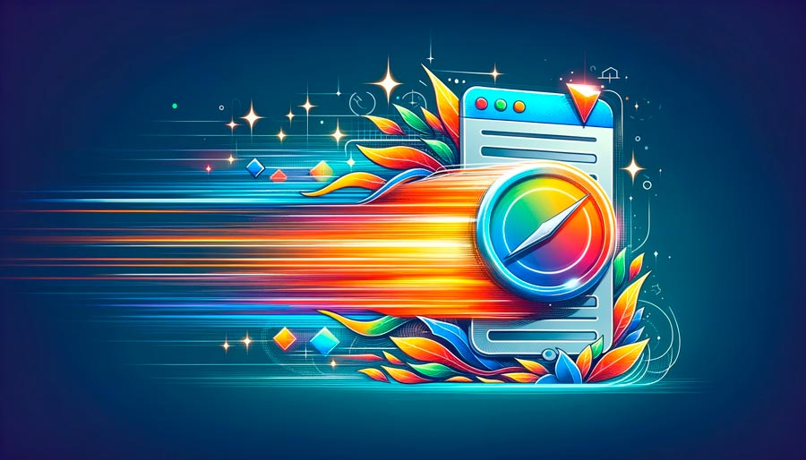 Conceptual digital illustration of a webpage transforming into a rocket, symbolizing the improvement in loading speed, with vibrant colors.