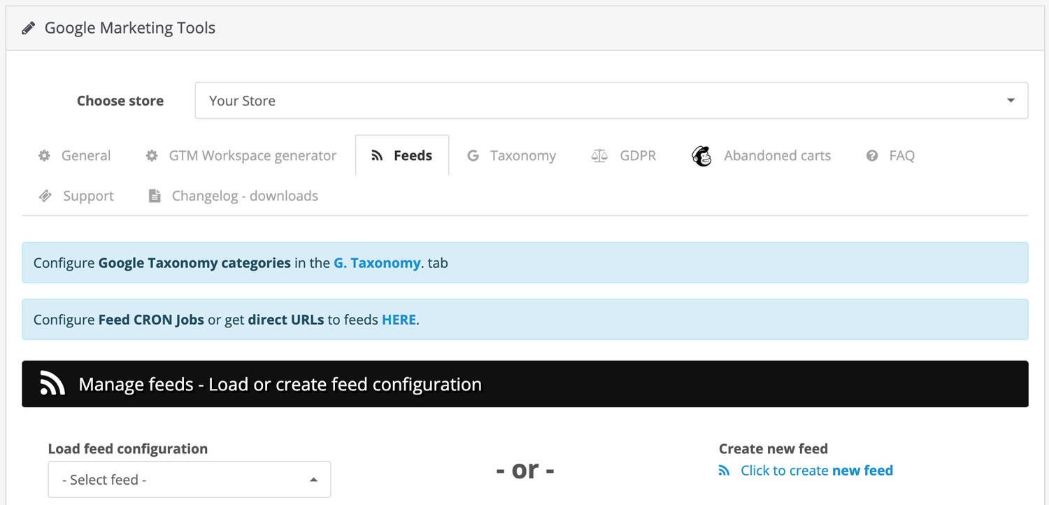 Opencart Google Marketing Tools feeds configuration main screenshot
