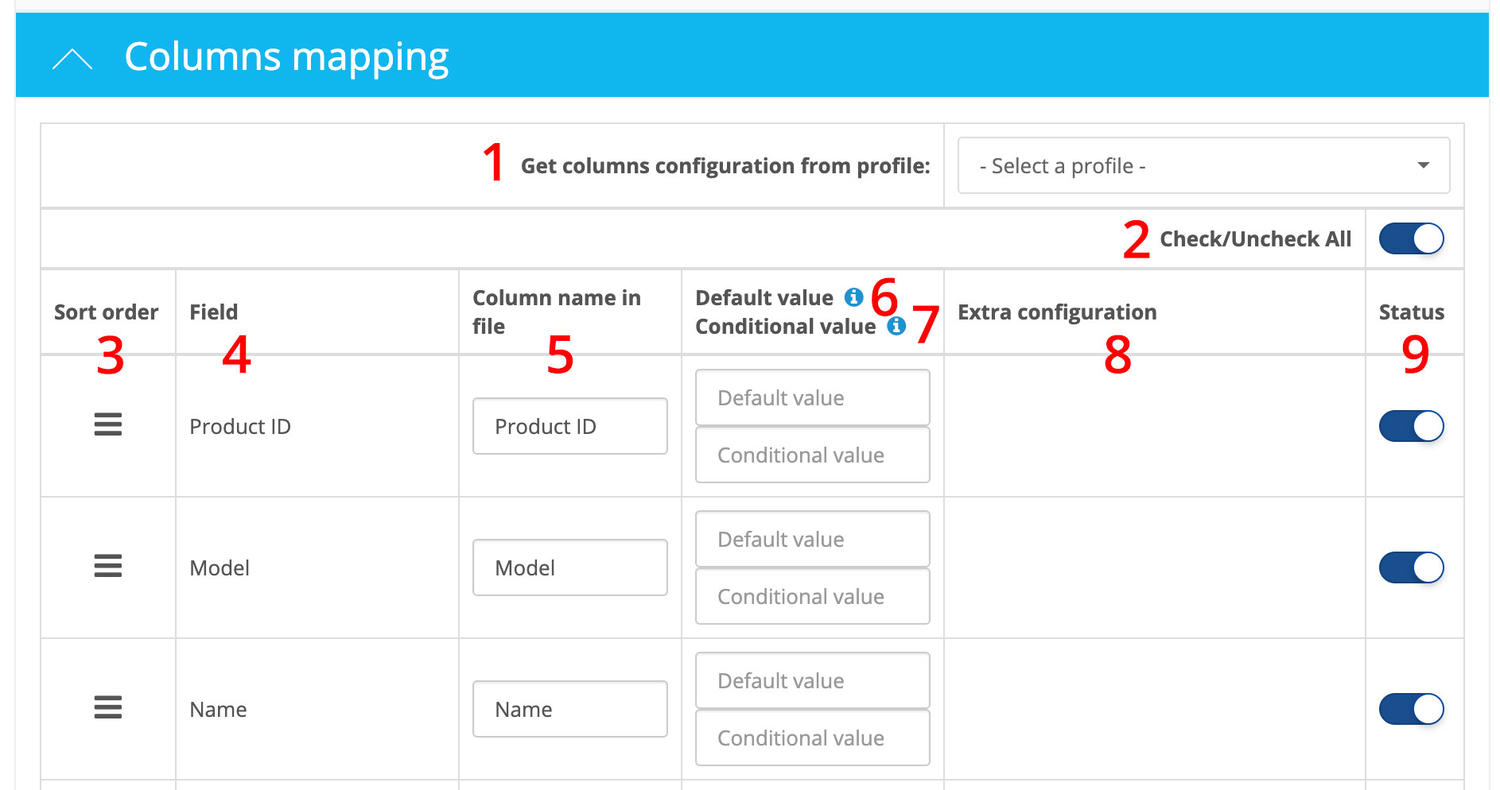 Import export PRO Column mapping example
