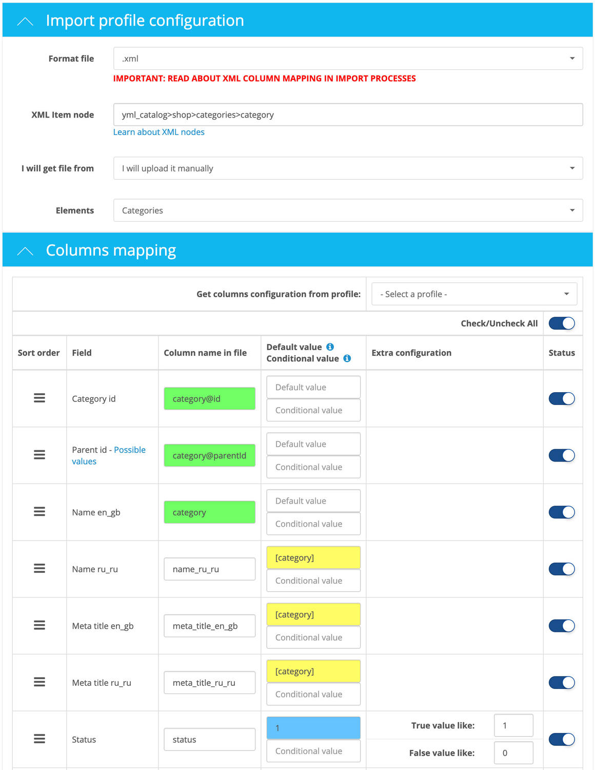 Opencart Import Export PRO Categories column mapping example