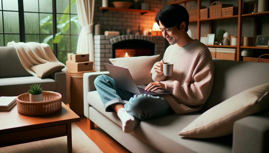 Relaxed man enjoying online shopping from the comfort of his cozy living room with a fireplace.