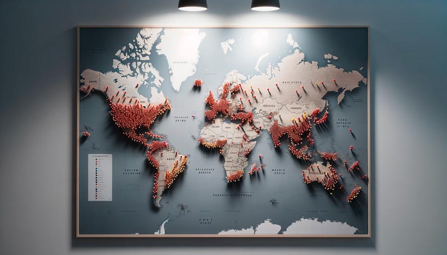 World map with illuminated pins highlighting the global spread and popularity of Black Friday shopping events.