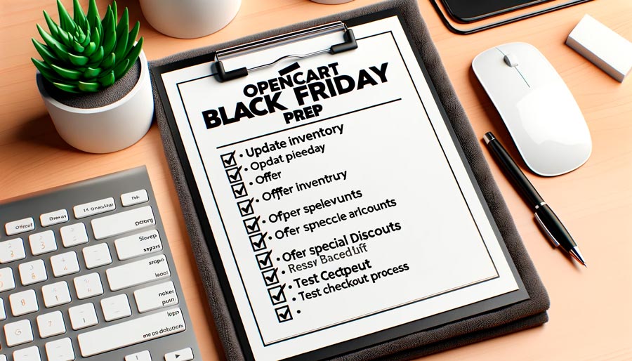Opencart Black Friday preparation checklist on clipboard beside computer keyboard, highlighting essential tasks for e-commerce store readiness.