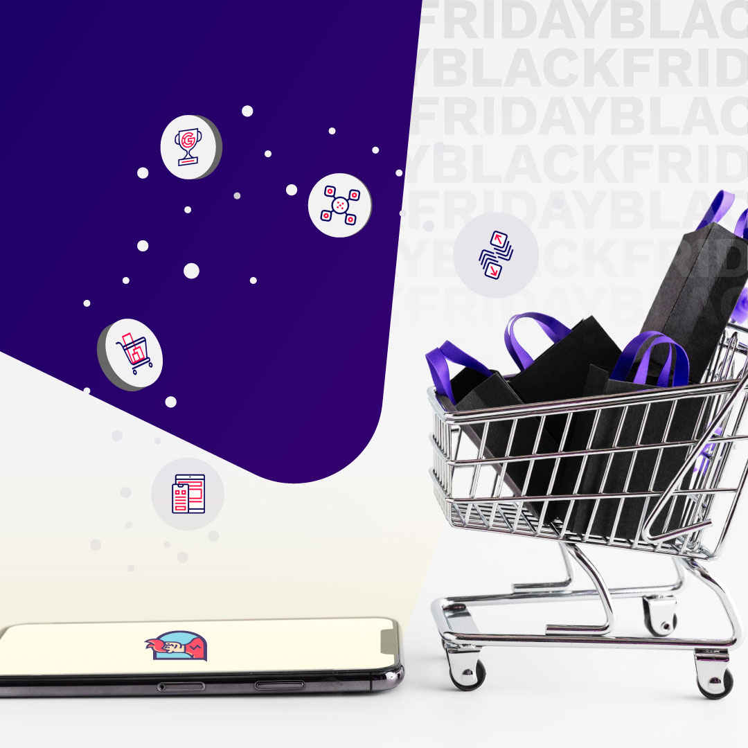 Vibrant graphic showcasing Black Friday themed icons related to OpenCart extensions, with a shopping cart filled with purple bags and a mobile phone displaying a logo on the side.