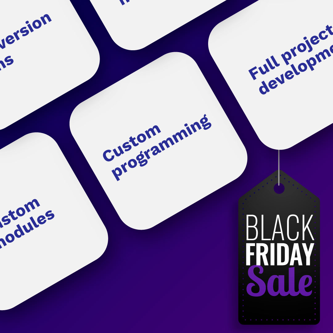 Bold graphic featuring labels such as 'Custom programming' and 'Full project development' against a deep purple background, highlighting OpenCart Services with a standout 'Black Friday Sale' tag.